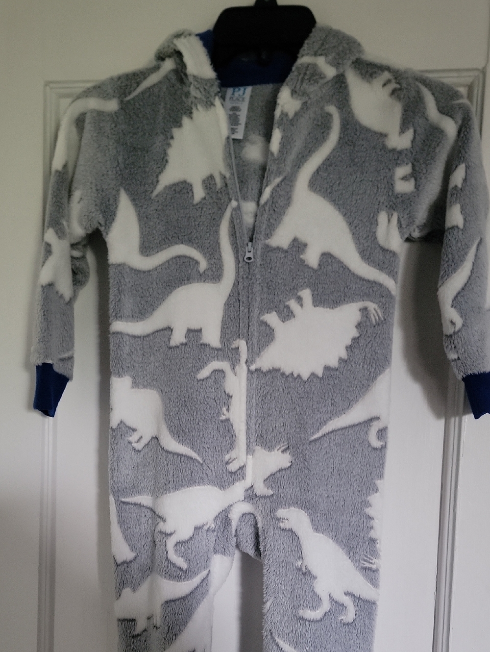 Place Gray & White Dinosaur Fleece Hooded One-Piece